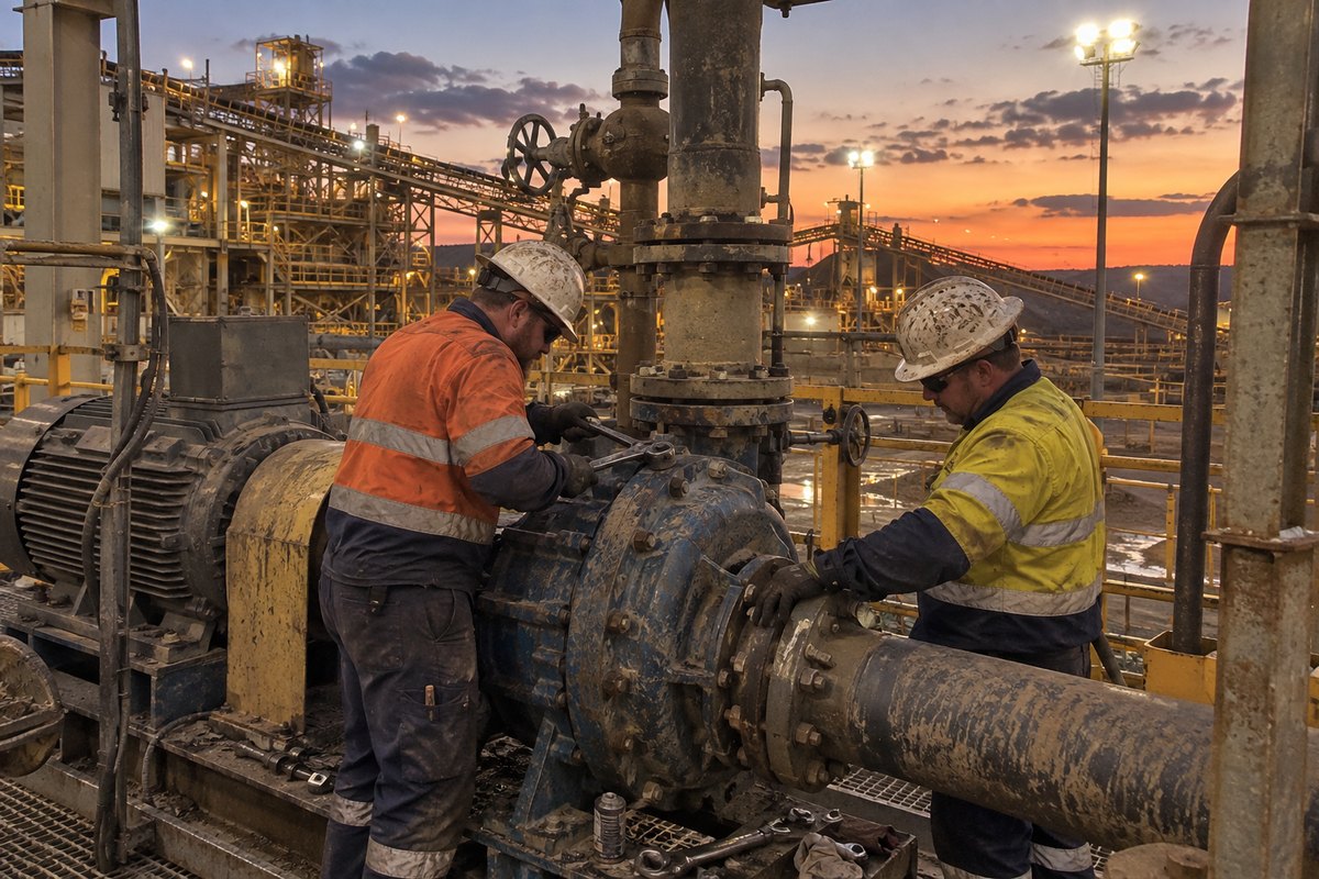 Two fitters working on a slurry pump