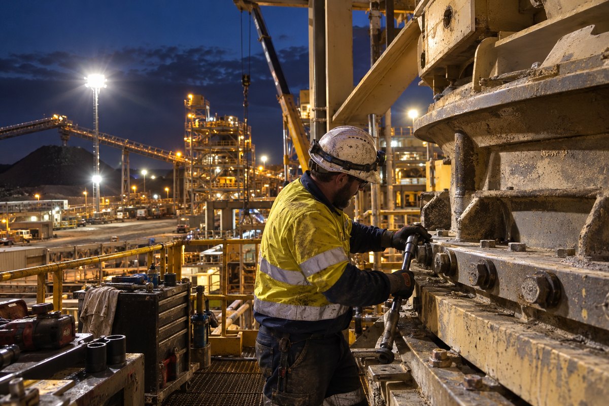 A fitter torquing bolts on a crusher under lights at night
