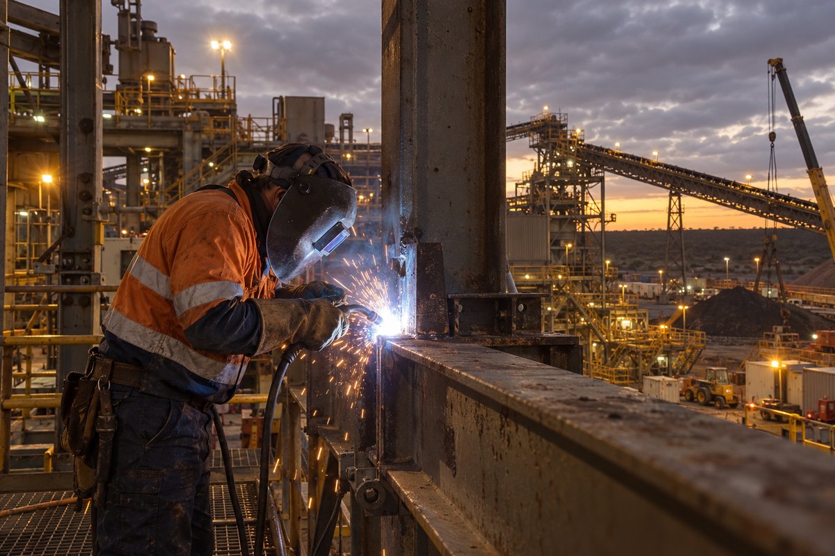 A boilermaker welding a beam on a plant platform